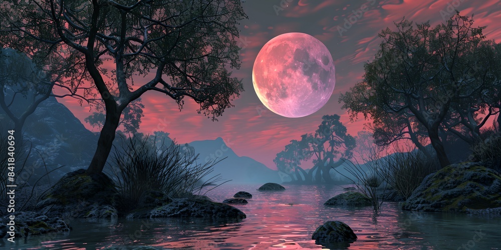 Poster a painting of a river with a full moon in the background and trees in the foreground