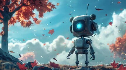 Robot Explores Autumn Forest with Abstract Background