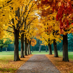 Beautiful autumn landscape with. Colorful foliage in the park. Falling leaves natural background