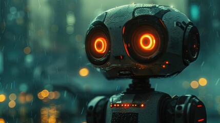 Robot Stares with Glowing Eyes in Rainy City with Abstract Background