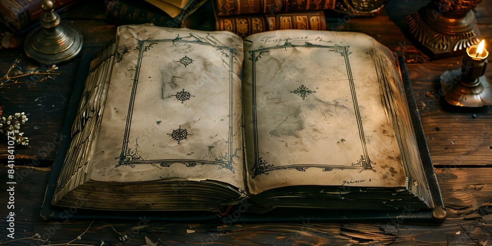 Poster an old book with a page of paper on a table with candles and other items around it on a wooden table