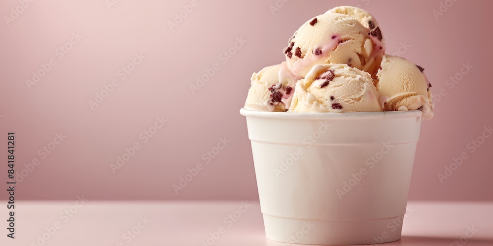 Poster a cup of ice cream with a scoop of it in it on a table with a pink background