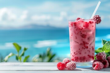 Raspberry smoothie with ice, raspberries on table, ocean in background
