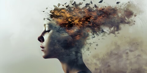 a woman with a lot of leaves on her head and a lot of birds flying around her head, with a lot of smoke coming out of her hair.
