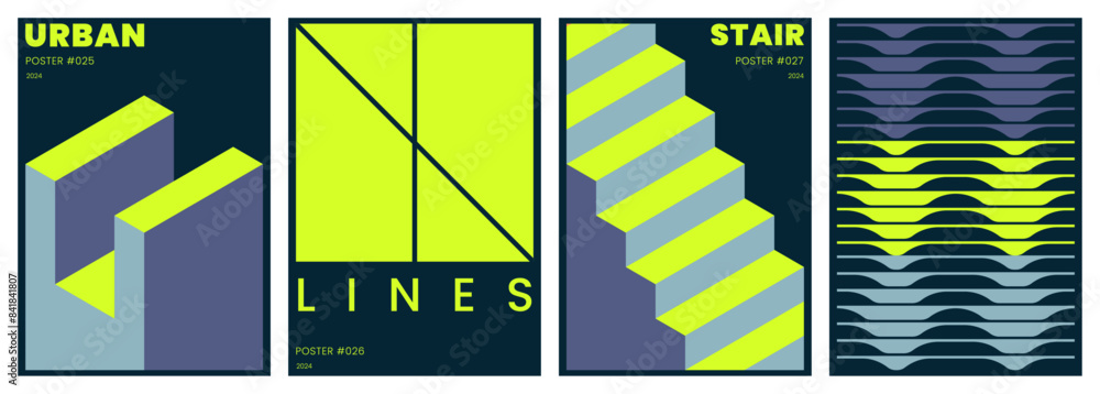 Wall mural set of modern graphic designs with abstract and architectural elements for cover, poster, card or fl