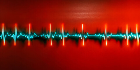Bright blue and red neon lights form a heartbeat line against a darker red background.Glow and reflections create a sense of depth,illustrating the concept of a heartbeat or pulse in a stylized way.AI