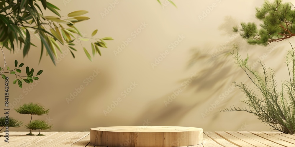 Poster a wooden table with a plant on it and a wall behind it with a shadow of a tree