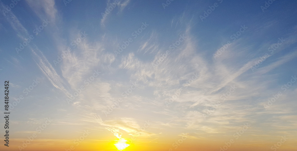 Wall mural panorama of blue sky with white clouds and golden sun, nature weather background