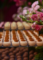 sweets,  candy  in a box, fine sweets, white brigadeiro, white chocolate , display with sweets, candy store, coffee shop, party sweets, candy balls, sweets table