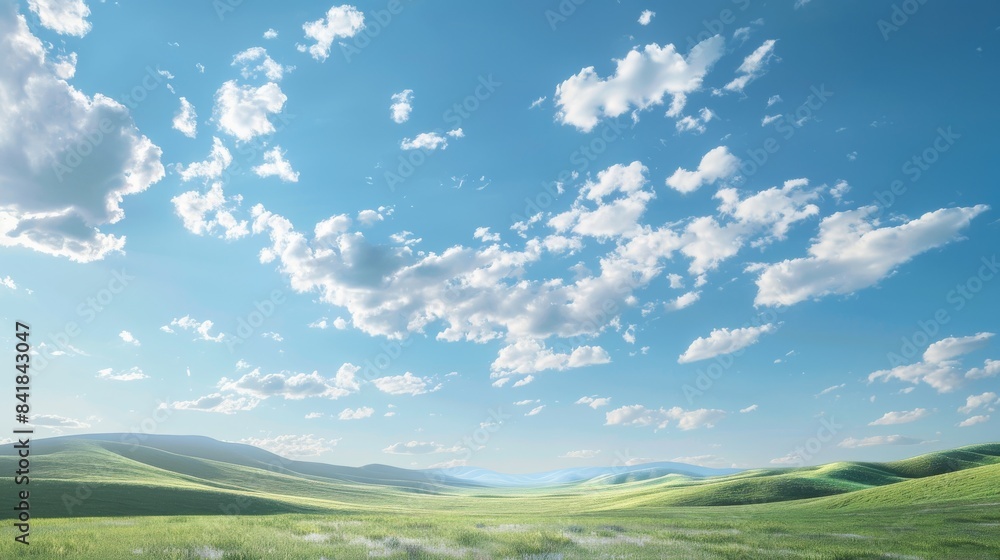 Sticker a panoramic view of a bright, clear sky with scattered clouds casting soft shadows over rolling hill