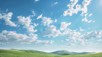 Obraz premium A panoramic view of a bright, clear sky with scattered clouds casting soft shadows over rolling hills
