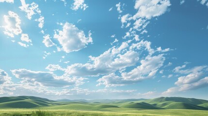 Fototapeta premium A panoramic view of a bright, clear sky with scattered clouds casting soft shadows over rolling hills