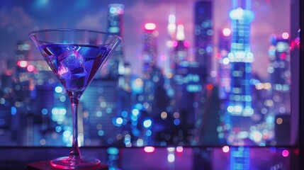 colorful drink in martini glass and big night city background, illuminated light skyline with skyscrapers, nightclub and party concept
