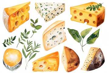 a painting of cheeses and leaves on a white background
