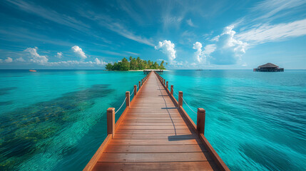 Fototapeta premium A breathtaking tropical seascape. A long wooden pier extends into the clear turquoise waters, leading to a small island with a few structures, possibly overwater villas