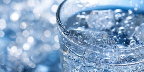 glass of water with ice cubes in it and a blurry background of bubbles