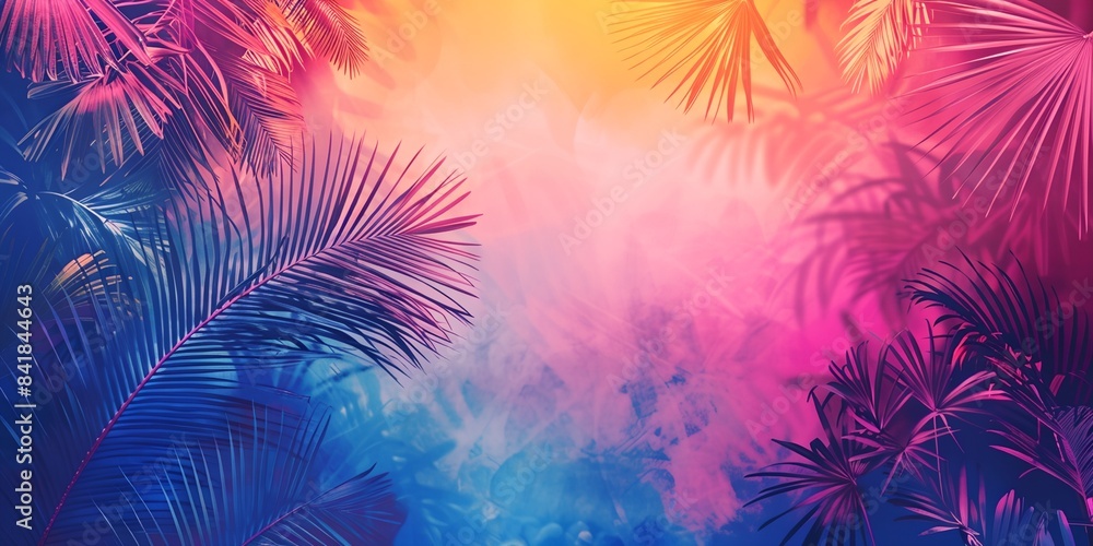 Poster colorful background with palm trees and clouds in the background
