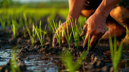 Close-up of a farmer's hands planting rice seedlings in a wet field, focusing on the fresh green sprouts.