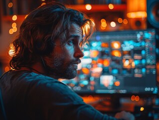 Fototapeta premium Intense Video Editor Reviewing Final Cut - Close Up Examining High-Resolution Detailed Preview with Double Exposure Silhouette, Copy Space
