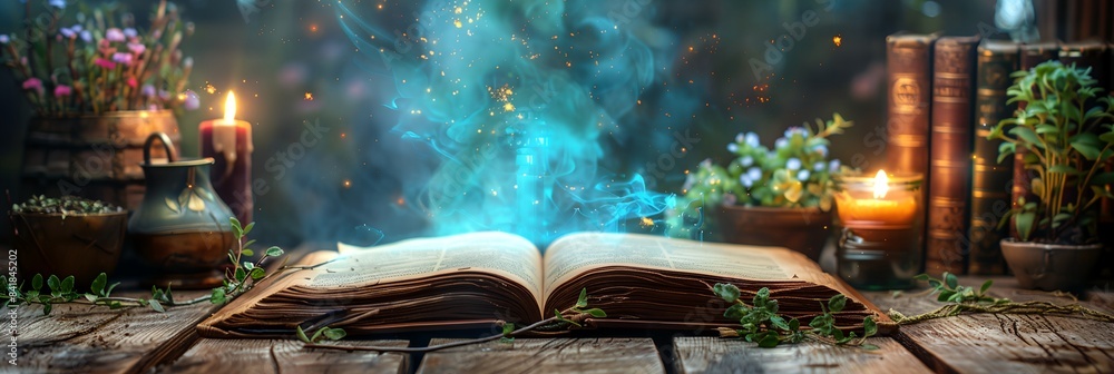 Poster an open book with a candle and some plants on a table with a background of books