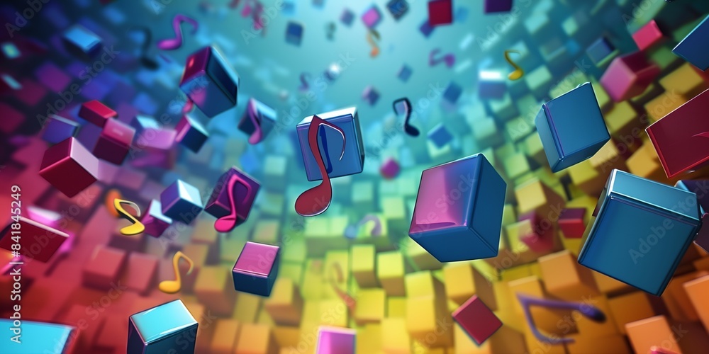 Poster a colorful background with many colorful objects floating in the air and a music note