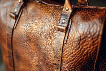 Close-up of a leather texture on a handcrafted bag, emphasizing the rich brown color and detailed craftsmanship.