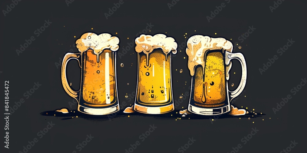 Poster three mugs of beer are lined up in a row on a black background with gold splatters