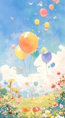 Fototapeta premium Children's illustration with a beautiful meadow with different wildflowers and colorful balloons
