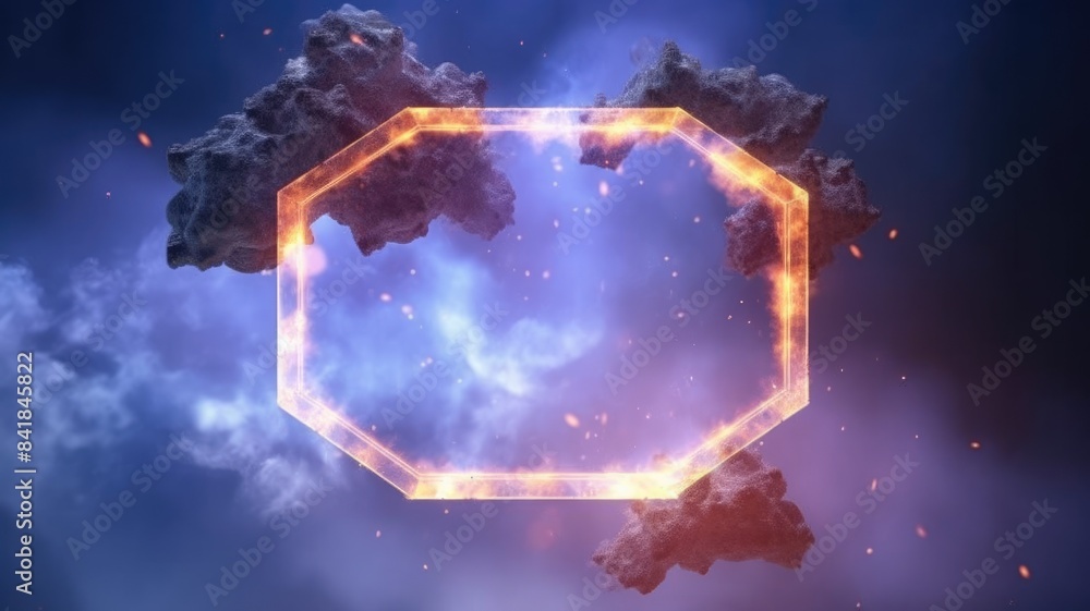 Poster glowing hexagonal frame in the clouds. digital art with fiery effect and dark sky. sci-fi and fantas