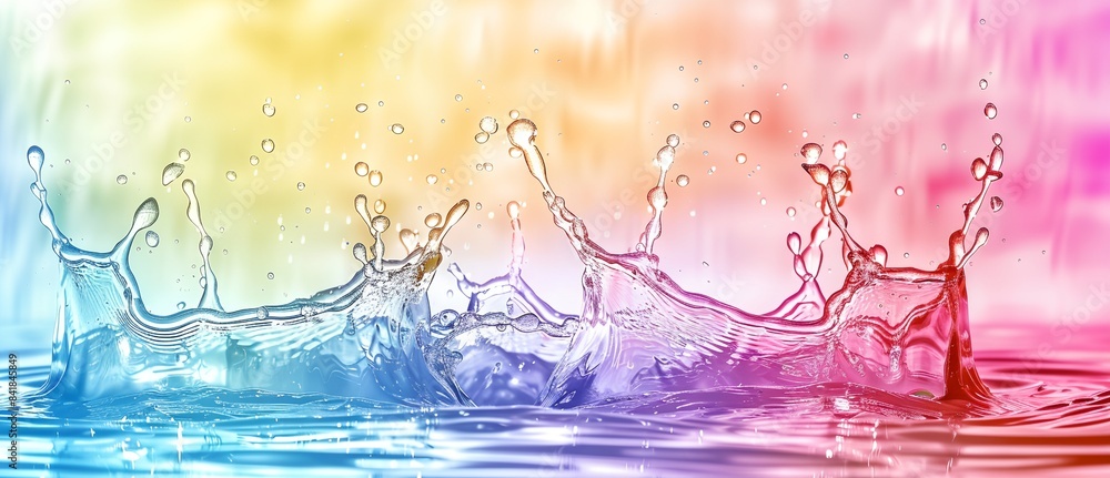 Poster group of water splashing into a pool of water with a rainbow background