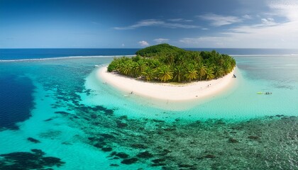 tropical island with white sandy beach above turquoise water and coral reef