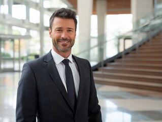 A smiling man in a dark suit and tie stands in a bright, modern office lobby with large windows and a staircase in the background.