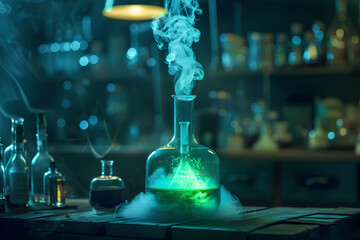 Bottle of poison potion in laboratory room releasing dangerous gas, laboratory bottle, vector, cartoon style, 3d rendering, 2d