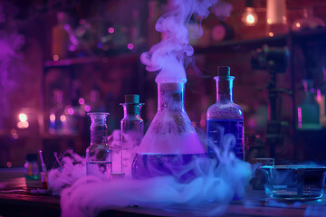 Bottle of poison potion in laboratory room releasing dangerous gas, laboratory bottle, vector, cartoon style, 3d rendering, 2d