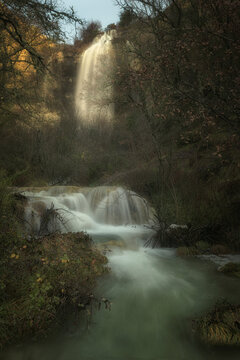 La Mea waterfall in Puentedey, Burgos with the river in the foreground falling strongly