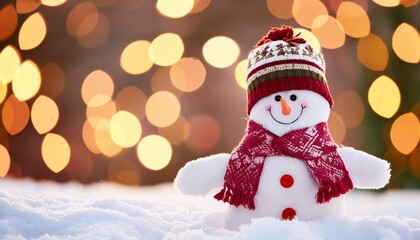 winter holiday christmas background banner closeup of cute funny laughing snowman with wool hat and scarf on snowy snow snowscape with bokeh lights