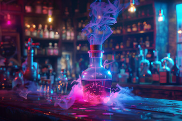 Bottle of poison potion in laboratory room releasing dangerous gas, laboratory bottle, vector, cartoon style, 3d rendering, 2d