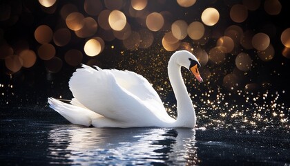 white swan with glitter in the water with dark tones background - Powered by Adobe