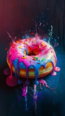 Colorful doughnut with dripping icing and sprinkles, vibrant art concept