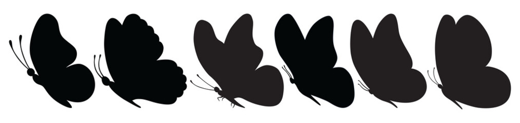 Butterfly black color, flying shape, vector design. Abstract modern monarch butterfly contours on white background for decoration design. Closeup design element, black butterfly, silhouette, icon, art