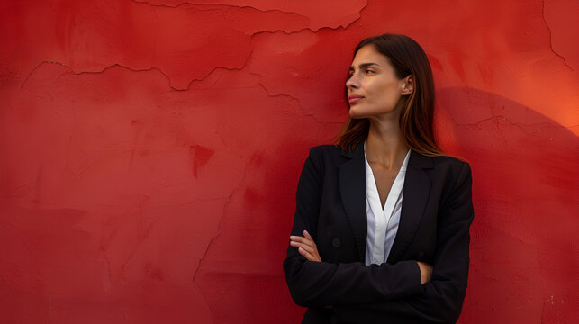 retrato de una mujer de negocios posando sobre un fondo rojo fuerte reflejando la fuerza y liderazgo mujer joven emprendedora con satisfaccion 
