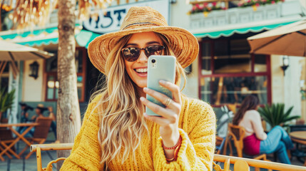Fototapeta premium Young Woman Taking a Selfie at Outdoor Cafe. Social Media Influencer Concept.