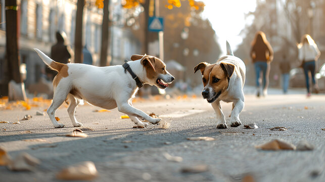 dos perros ladrando y pelando en la calle al aire libre en un dia soleado perros domesticos de talla mediana caninos divertidos afuera 