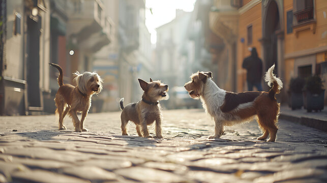 tres perros jugando perros callejeros en la calle en el pavimento entre las casas y edificios disfrutando felices de un dia soleado mascotas domensticos