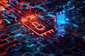 A lock among the digital background, a symbol of data protection, cybersecurity, cyber defense