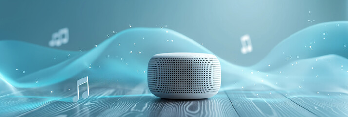 A cute bluetooth speaker for music and sound surround system and sound wave ,the white notes float on sound waves , on light background and copy space.