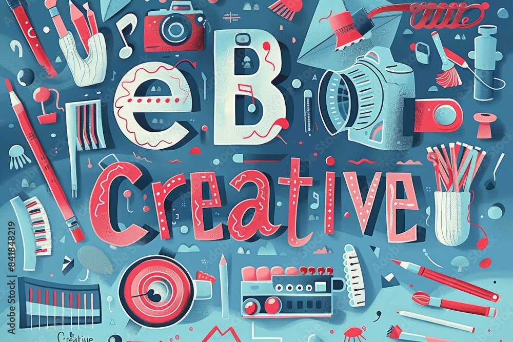 Poster the letter of be creative in variant texture with bright light colorful color with making or constru