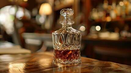 Artisanal handblown glass decanter with amber liquid on wooden table in bar restaurant with blurred background