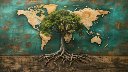 Naklejka premium Conceptual tree with roots spreading across world map interconnectedness life on earth, unity environment