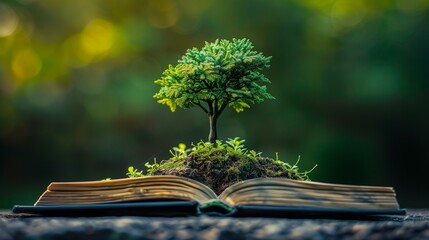 Conceptual tree growing out book concept knowledge wisdom, green education planet